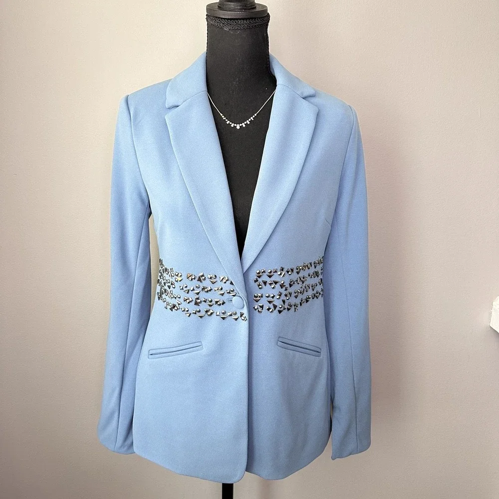 Single Button Blazer Women XXS Blue Embellished Studded Jacket Dopamine Dressing
